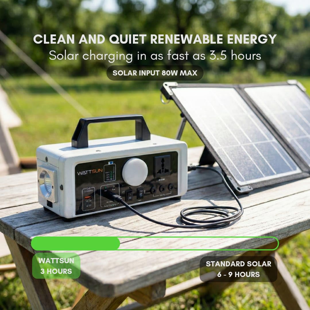 Wattsun 450 WATT Portable Power Station | Inbuilt 296 WH Li-Battery | 6 Output Ports | Weight 3 kg | IP 32 Water Protection | 3 years Warranty | Inbuilt 15W LED Light | For Outdoor Activities & Home